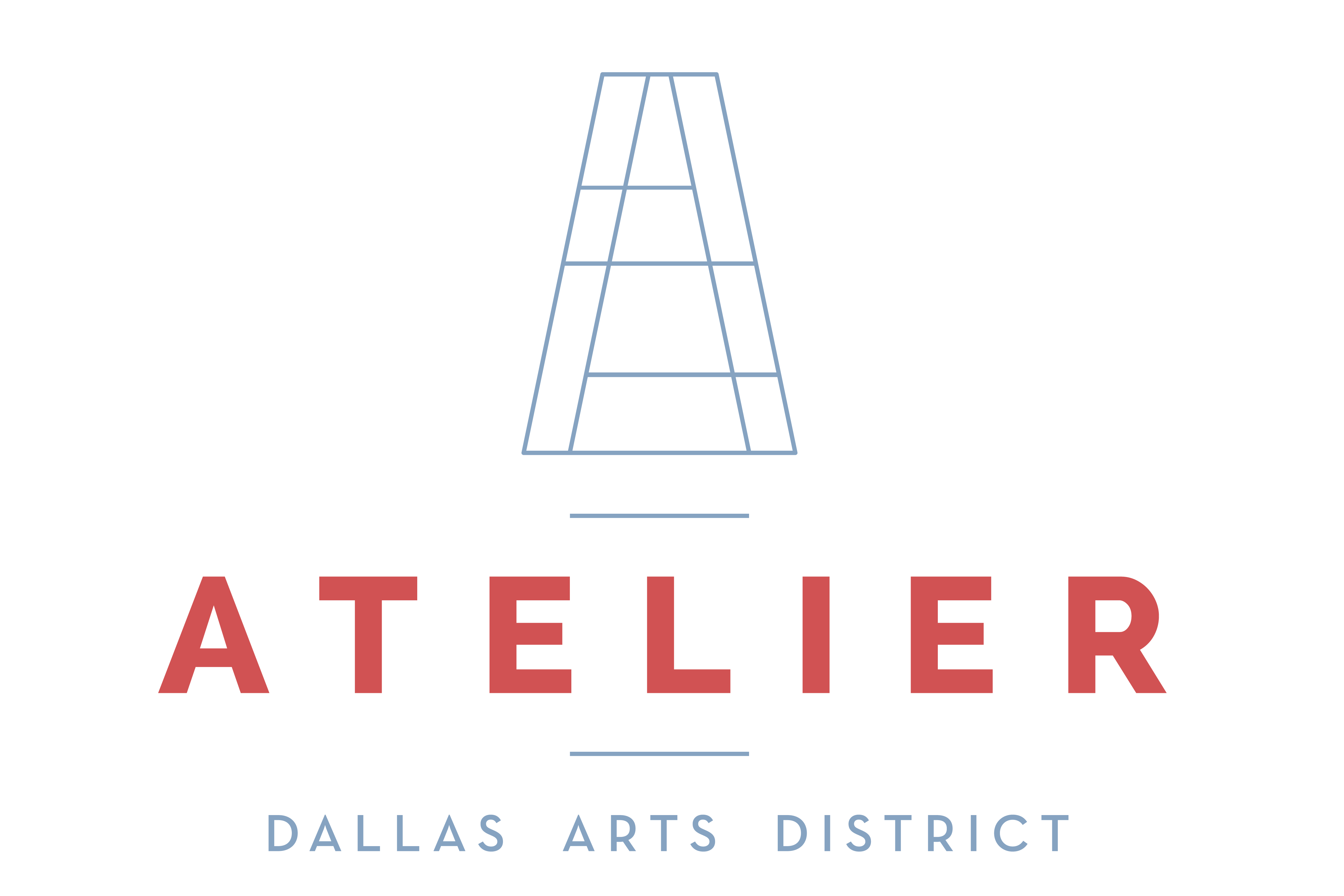 A green poster with the word Atelier in red and Dallas Arts District in white.